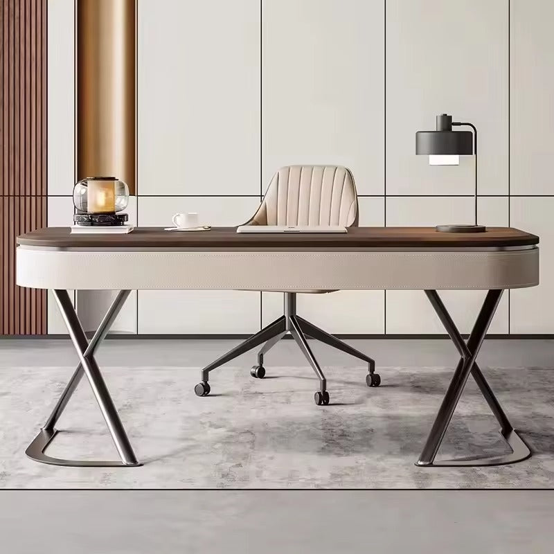 High End Khaki Retro Solid Wood Desk Modern Minimalist Home Study Office Desk Saddle Leather Computer Desk