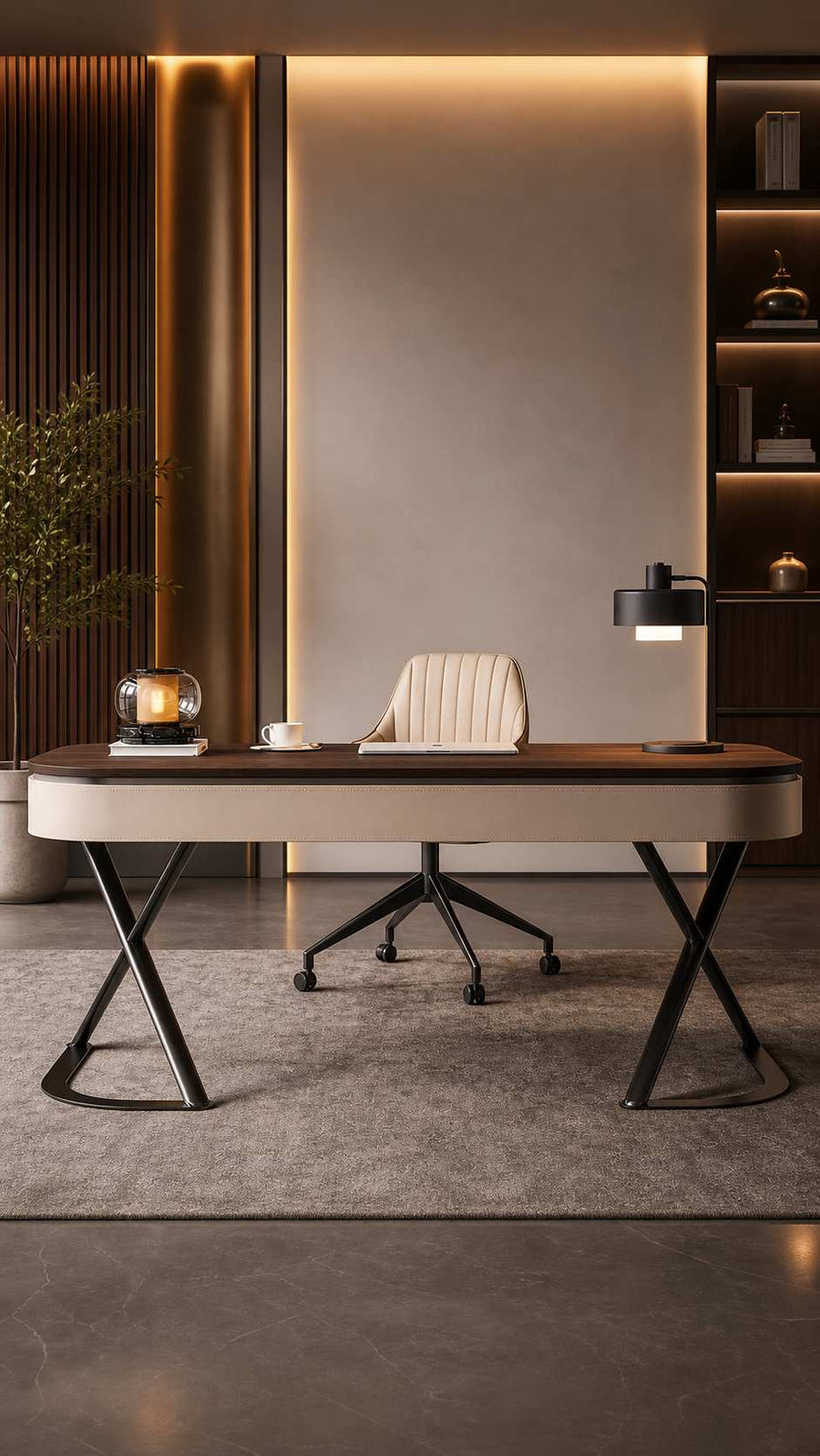 High End Khaki Retro Solid Wood Desk Modern Minimalist Home Study Office Desk Saddle Leather Computer Desk