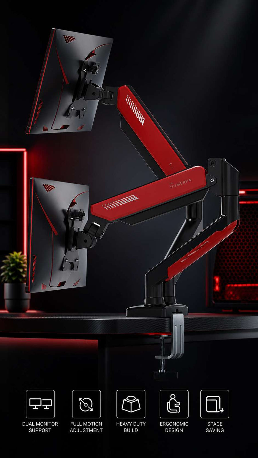 360° Rotation Dual Monitor Mount Arm Gaming for Computer Screen 13-32" and up to 22 Lbs Swivel with C Clamp and Grommet Base