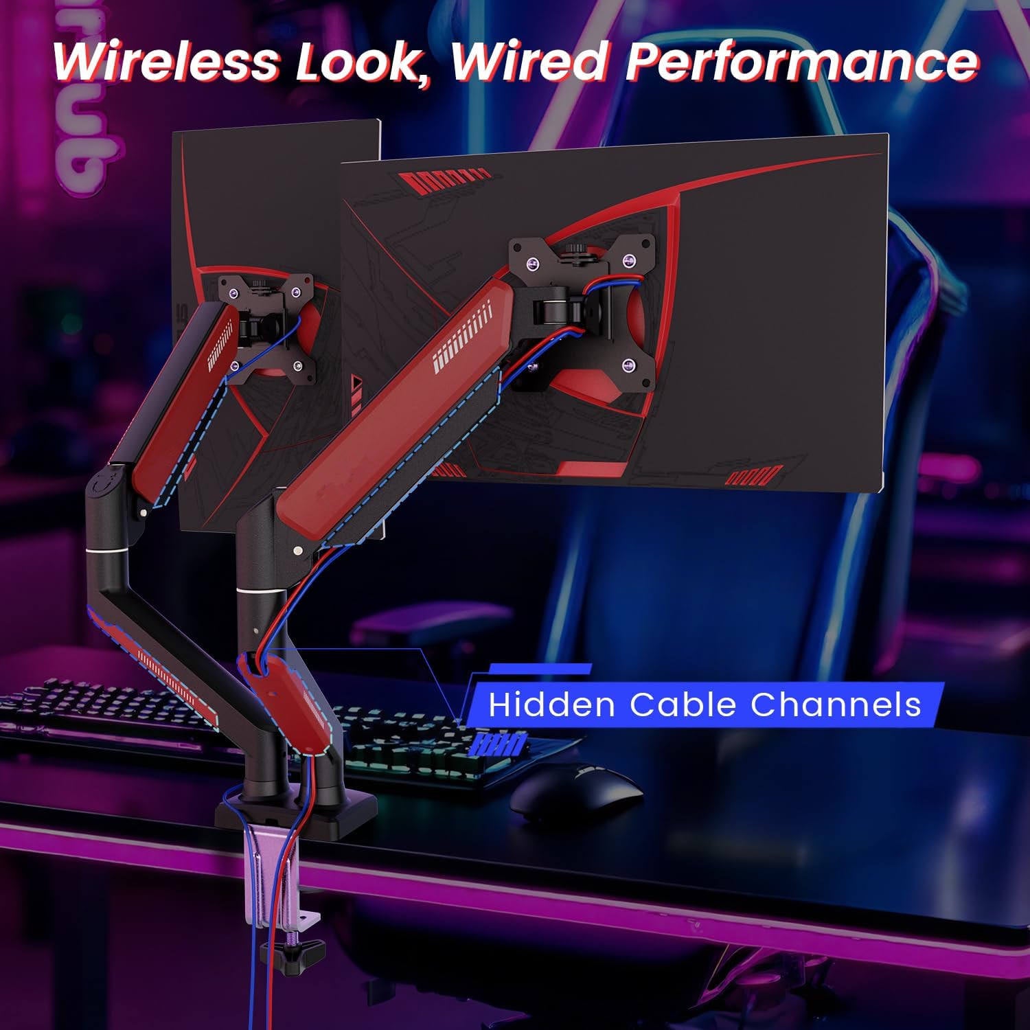 360° Rotation Dual Monitor Mount Arm Gaming for Computer Screen 13-32" and up to 22 Lbs Swivel with C Clamp and Grommet Base