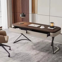 High End Khaki Retro Solid Wood Desk Modern Minimalist Home Study Office Desk Saddle Leather Computer Desk