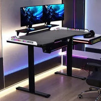 Electric Gaming Standing Desk Carbon Fiber Texture Straight Legs Height Adjustable RGB LED Gaming Desk with Tabletop